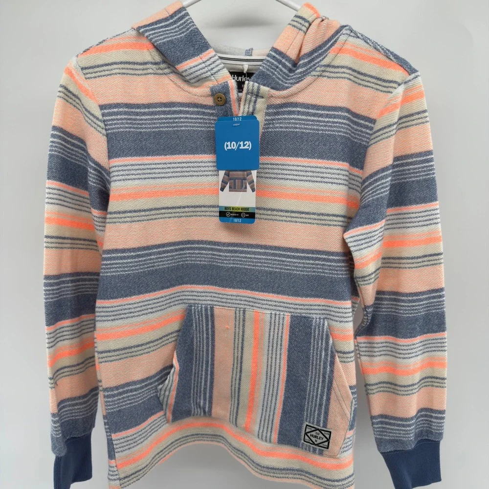 NEW Hurley Boys Beach Hoodie Blue Orange‎ Striped Henley Pullover Size 10/12
